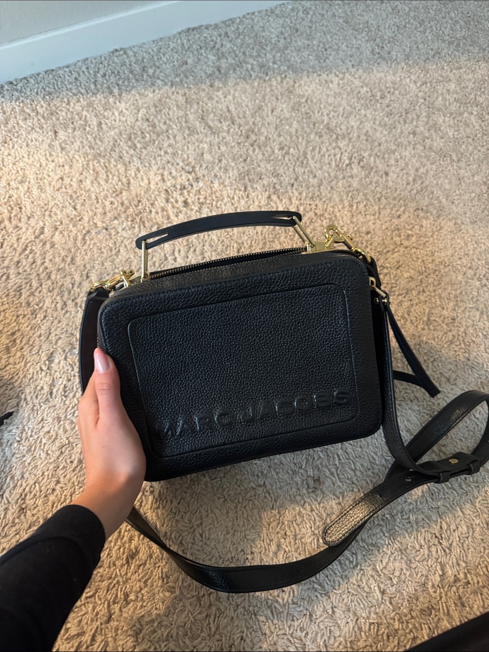 Marc Jacobs Black Pebbled Leather Box Crossbody with Gold Hardware